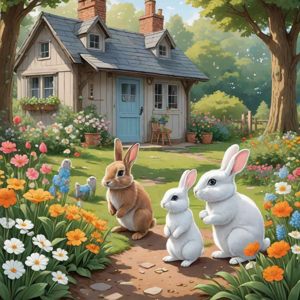 a painting of two rabbits sitting in front of a house with flowers and trees around it and a dog sitting on the ground, magic realism, a storybook illustration, Beatrix Potter, kinkade