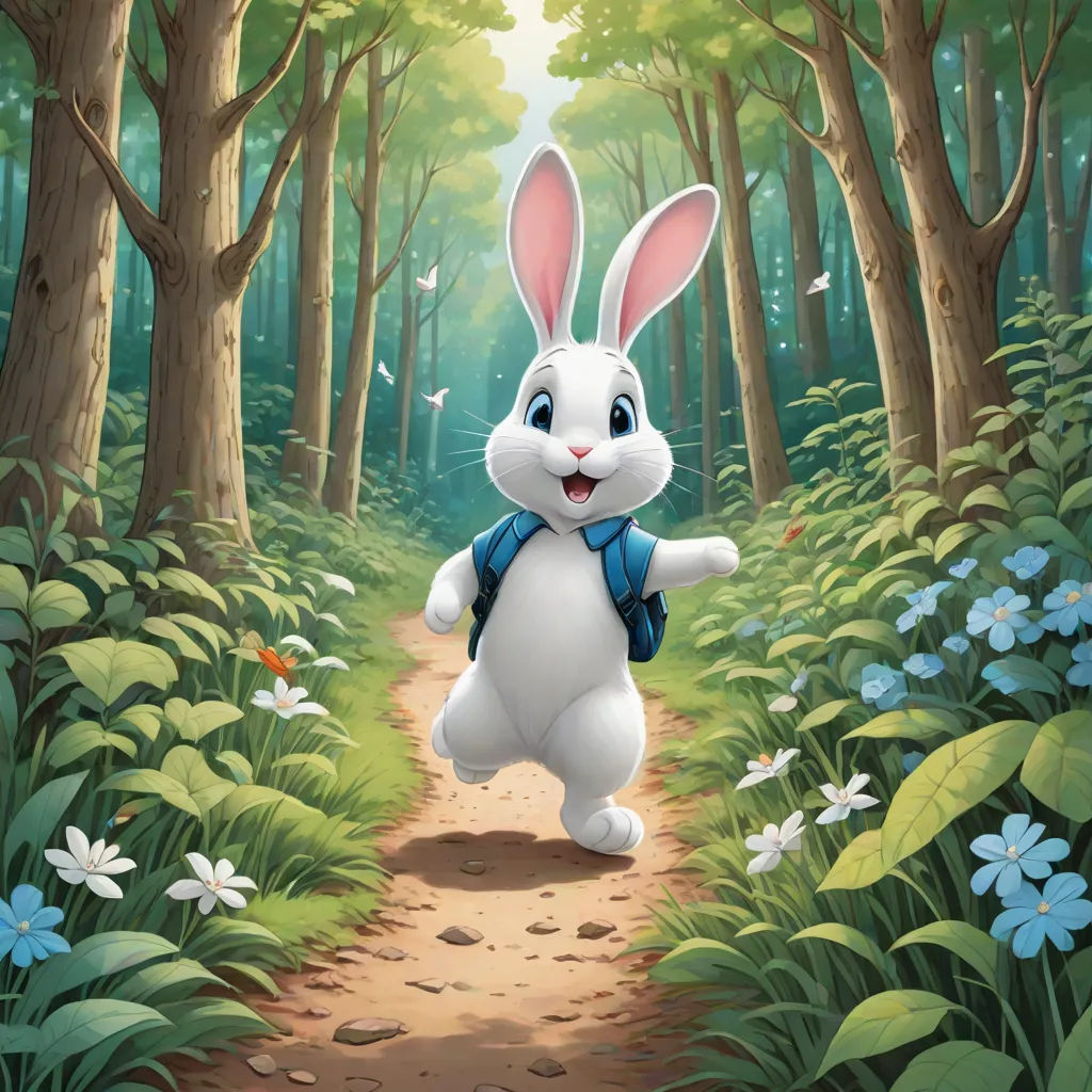 a cartoon bunny is running through a forest with flowers and butterflies on the ground and a trail leading to the woods, furry art, a storybook illustration, Beatrix Potter, official art