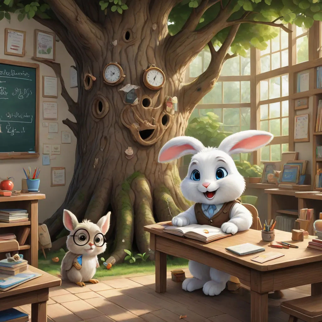 a cartoon bunny is sitting at a desk with a cat and a dog in front of a tree with a clock, furry art, a storybook illustration, Chris LaBrooy, rossdraws global illumination