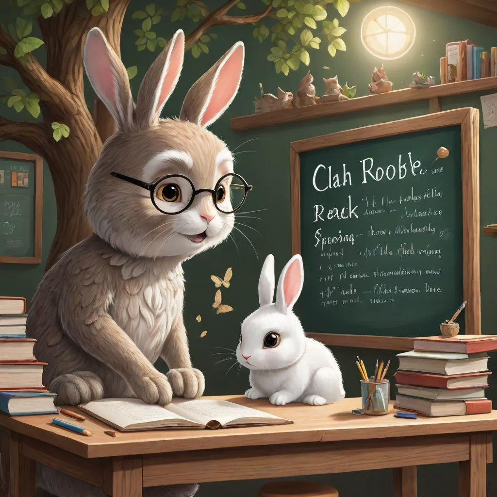 a rabbit and a bunny rabbit are sitting at a desk with books and a chalkboard in the background, art & language, a storybook illustration, Chris LaBrooy, storybook illustration