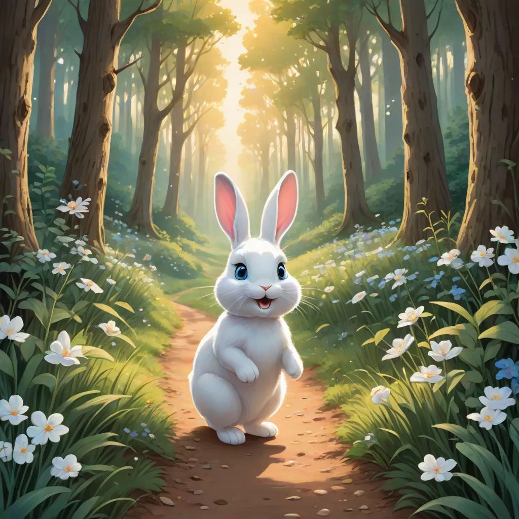 a rabbit is sitting in the middle of a forest with flowers and trees around it, and a bright light shining through the trees, fantasy art, a storybook illustration, Aaron Jasinski, rossdraws global illumination