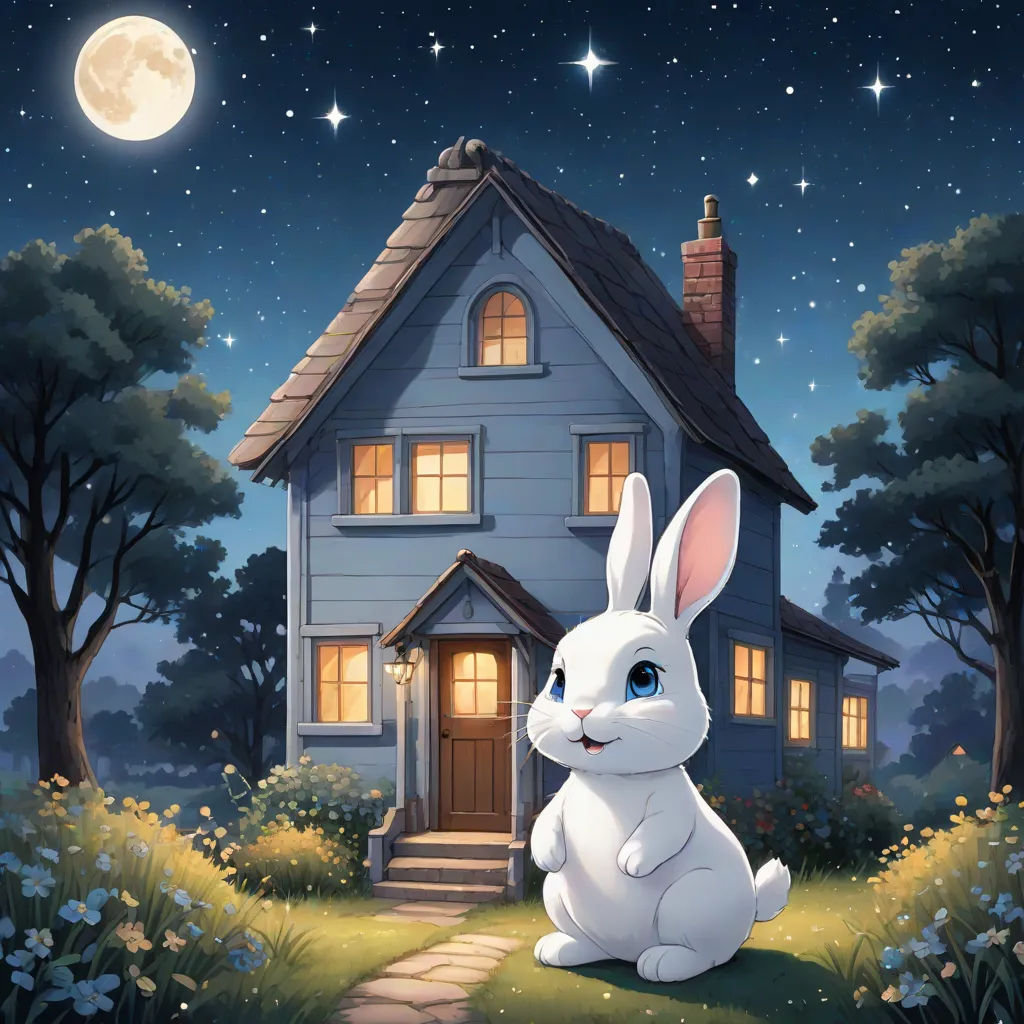 a white rabbit sitting in front of a house at night with the moon in the sky above it and a full moon in the sky above, pop surrealism, a storybook illustration, Beatrix Potter, rossdraws global illumination