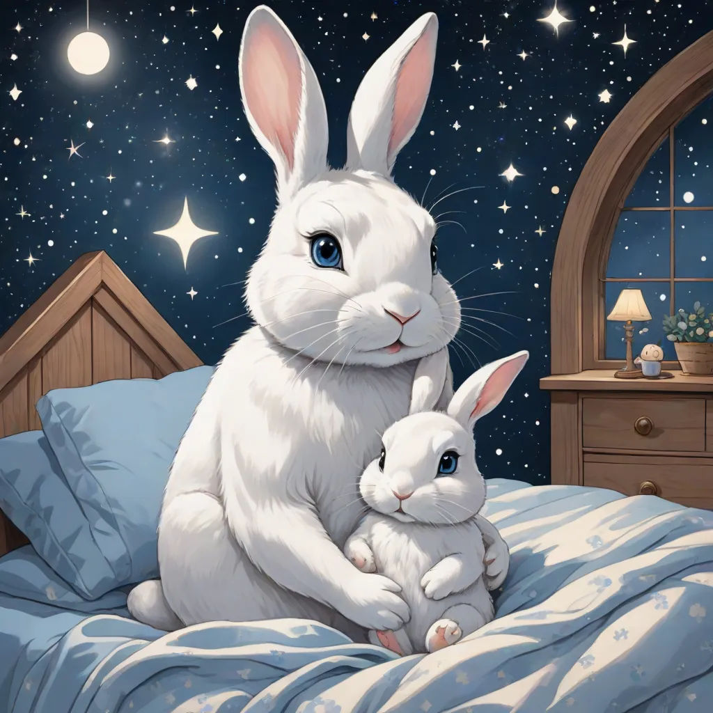 a painting of a white rabbit and a baby rabbit on a bed with a night sky background and stars, space art, a storybook illustration, Aaron Jasinski, trending on art station