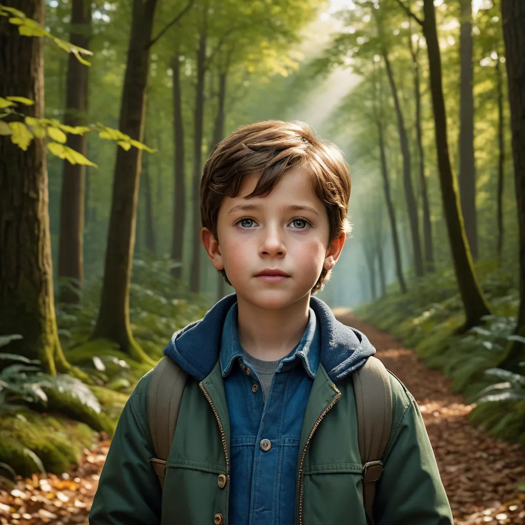 a young boy standing in the middle of a forest with a light shining through the trees on his face, les automatistes, a character portrait, Diego Gisbert Llorens, promotional image