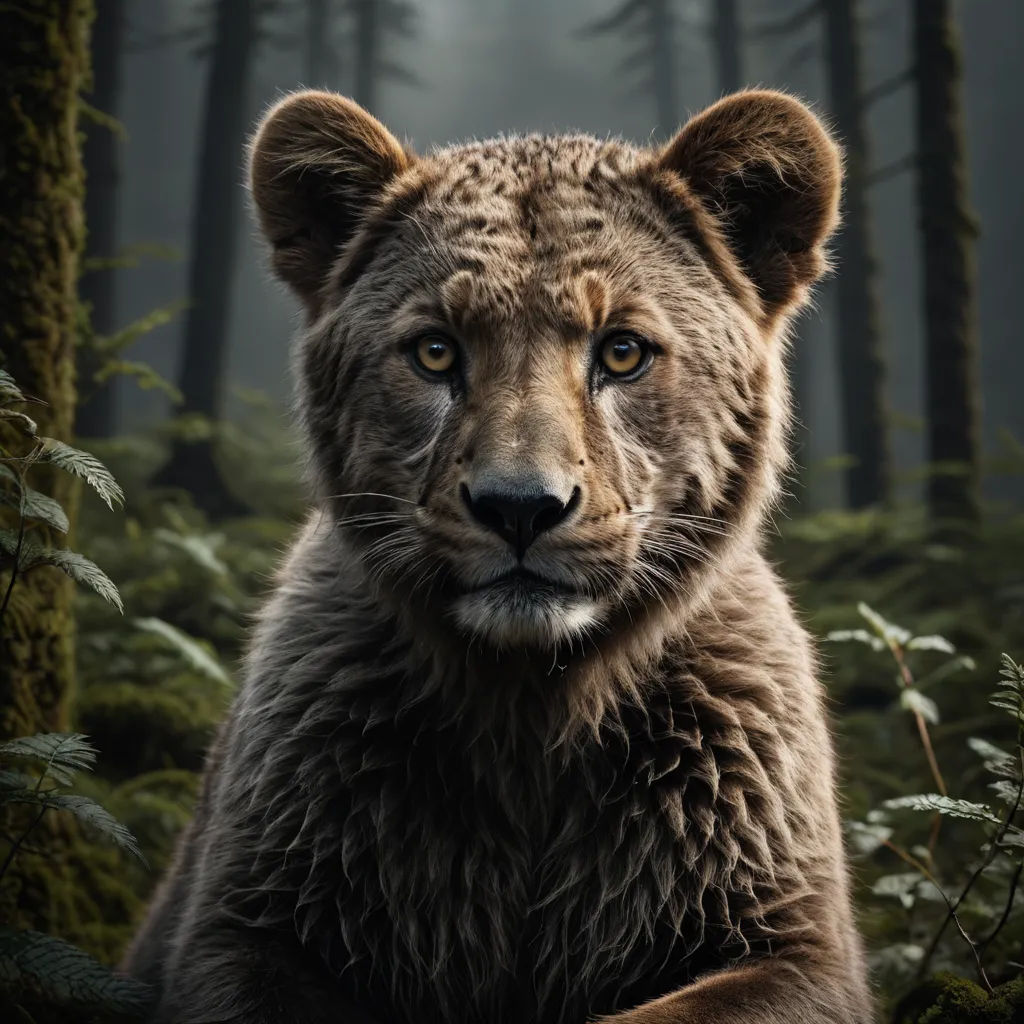a brown bear sitting in the middle of a forest with trees and bushes around it's edges and a foggy sky, photorealism, a poster, Chris LaBrooy, weta digital
