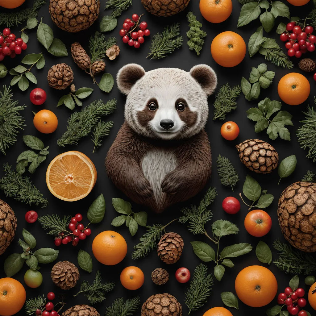 a panda bear sitting in a pile of fruit and pine cones and oranges and pine cones and pine cones, ecological art, a photorealistic painting, Chris LaBrooy, highly detailed digital painting