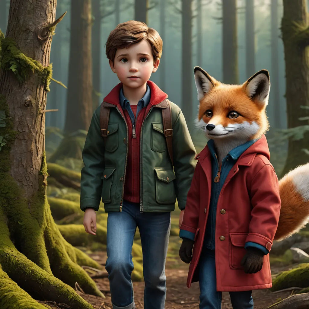 a boy and a fox walking through a forest together in the woods, with moss growing on the ground, furry art, a storybook illustration, Cliff Childs, promotional image