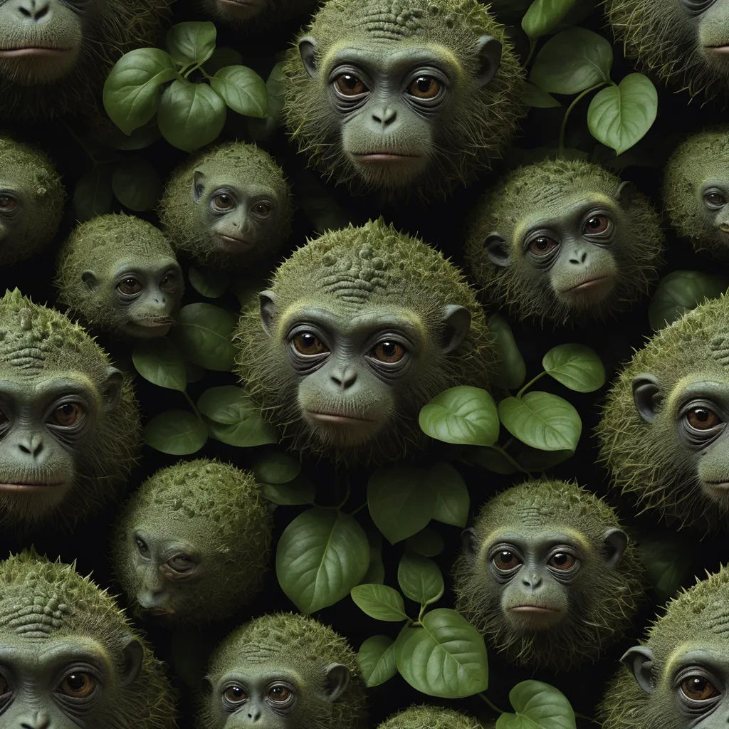 a group of monkeys with green leaves on their heads and eyes, all looking up at the camera, with a green leaf in the foreground, assemblage, an ambient occlusion render, Chris LaBrooy, behance hd