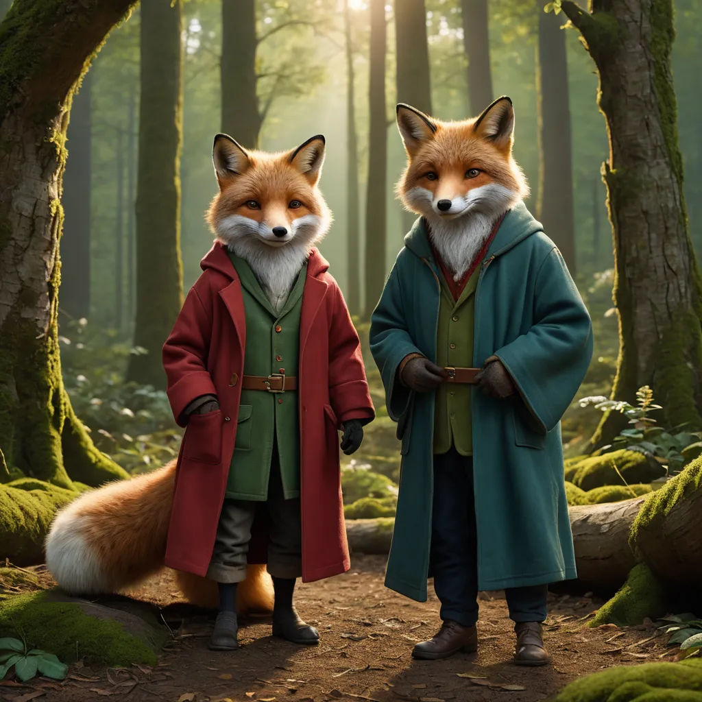 two people in red coats standing in a forest with a fox on the ground and a fox on the ground, furry art, a 3D render, Chris LaBrooy, promotional image