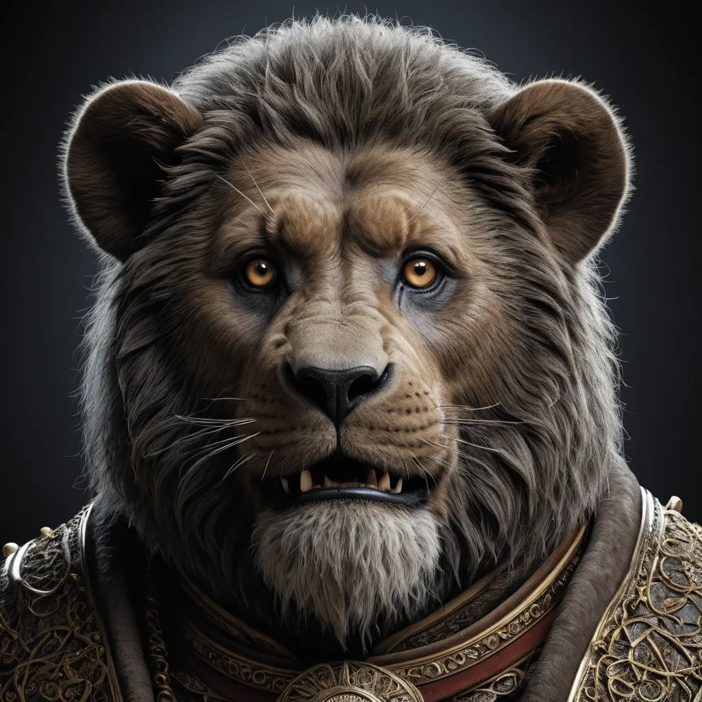 a lion with a crown and a collar on it's head and a black background with a black background, photorealism, a 3D render, Chris LaBrooy, weta digital