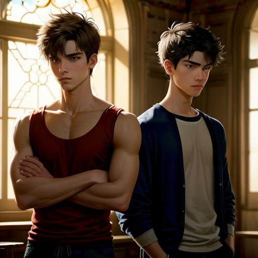 two young men standing next to each other in front of a window with sunlight streaming through them and a stained glass window behind them