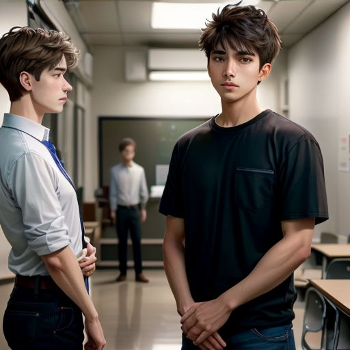 two young men standing in a hallway next to each other in front of a desk and a man in a white shirt