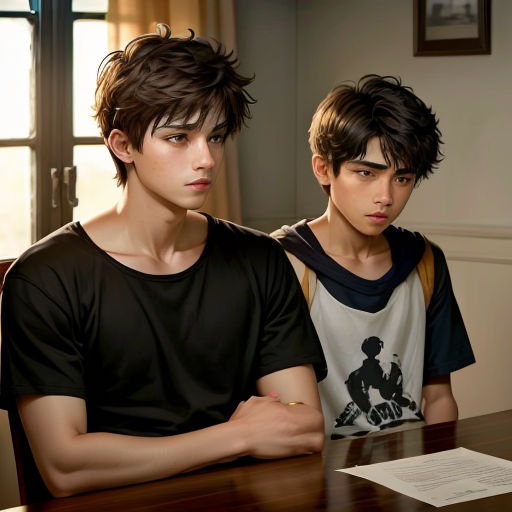 two young men sitting at a table with papers in front of them and one of them is looking at the camera