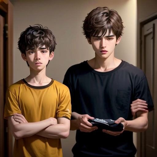 two young men standing next to each other in a hallway with a door open and one holding a remote control