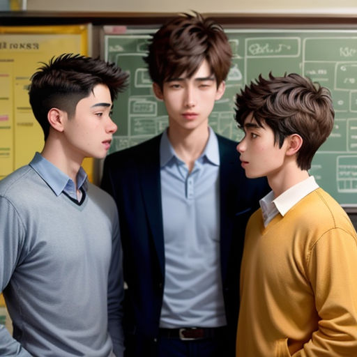 three young men standing next to each other in front of a chalkboard with diagrams on it and a chalkboard behind them
