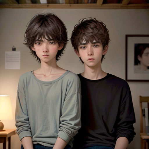 two people sitting next to each other in a room with a lamp on the side of the wall and a picture of a woman on the wall behind them