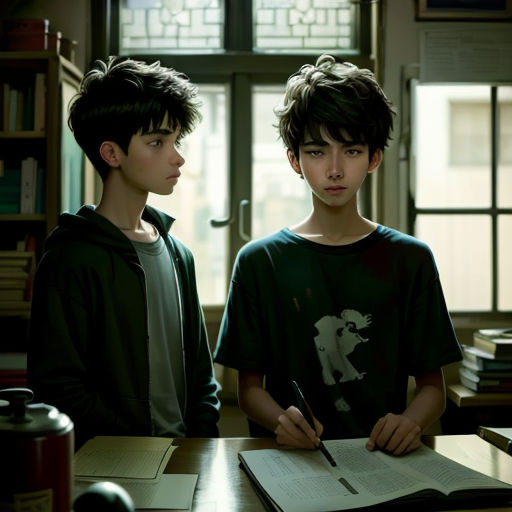 two boys sitting at a table with a book and pen in their hands and a book open to the side
