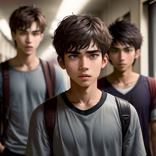 a group of young men standing next to each other in a hallway with a backpack on his shoulder and a backpack on his shoulder