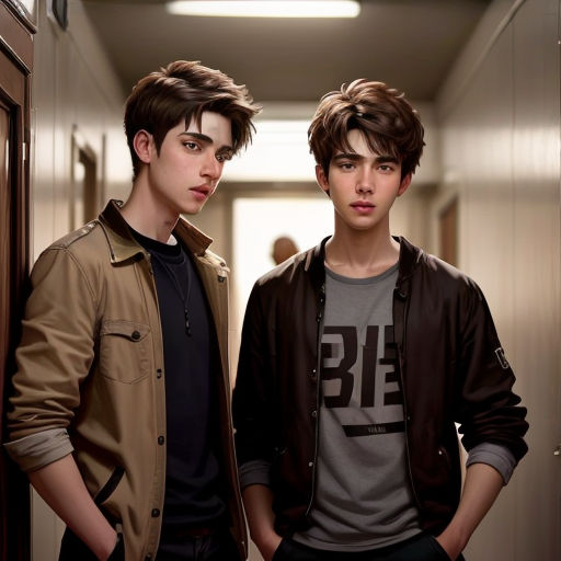 two young men standing in a hallway next to each other, one wearing a jacket and the other a t - shirt