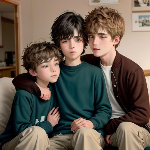 three boys sitting on a couch with their arms around each other, one boy is wearing a green sweater and the other is wearing a brown jacket