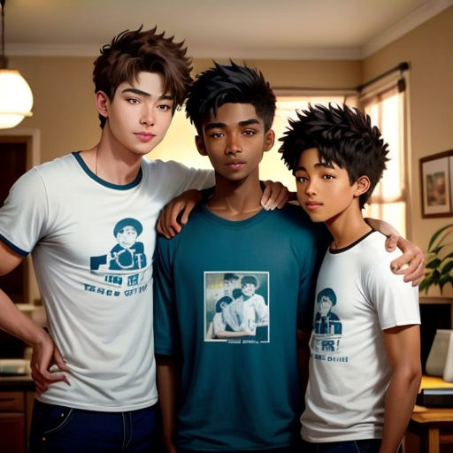 three young men standing next to each other in a room with a table and a lamp on the wall