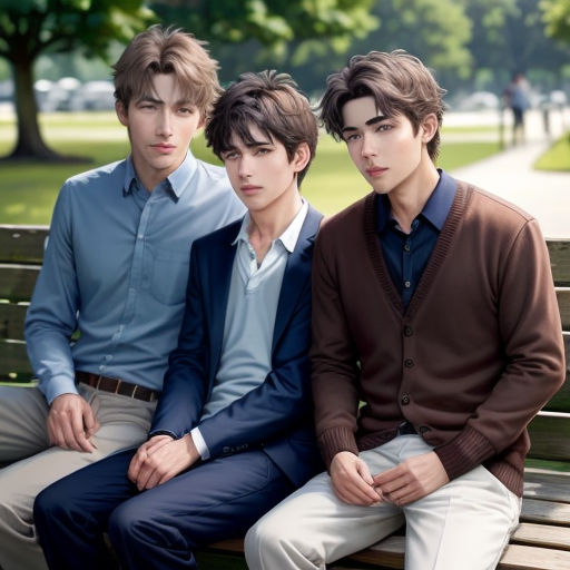 three young men sitting on a bench in a park together, one of them is wearing a blue shirt and the other is a brown sweater