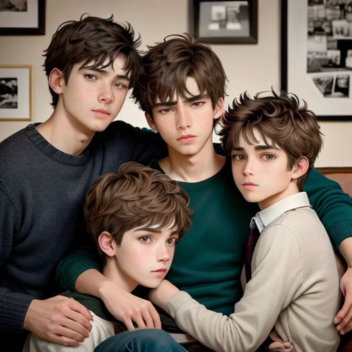 a group of young men sitting next to each other on a couch in a living room with pictures on the wall