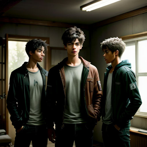 three young men standing in a room with a window behind them and a chair in the background, all looking at the camera