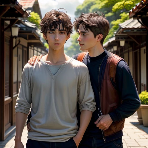 two young men standing next to each other on a sidewalk in front of a building with a tree in the background