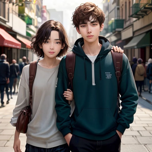 a couple of people standing next to each other on a street with buildings in the background and people walking on the sidewalk