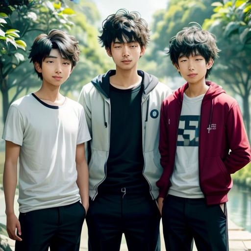 three young men standing next to each other in front of trees and water with a bridge in the background