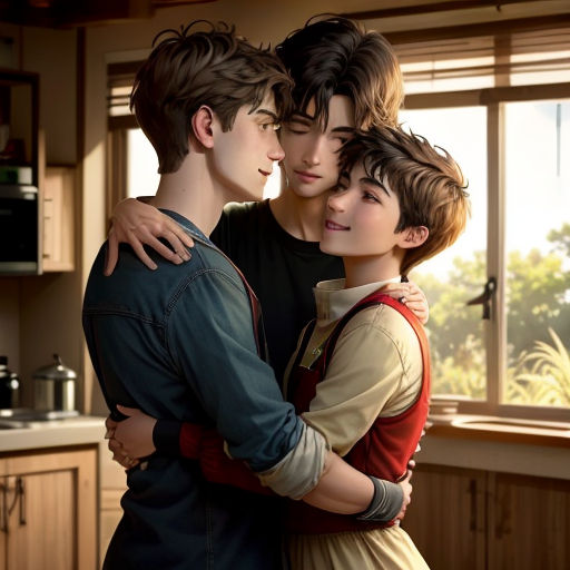 a couple of people that are hugging each other in a kitchen together, with a window in the background
