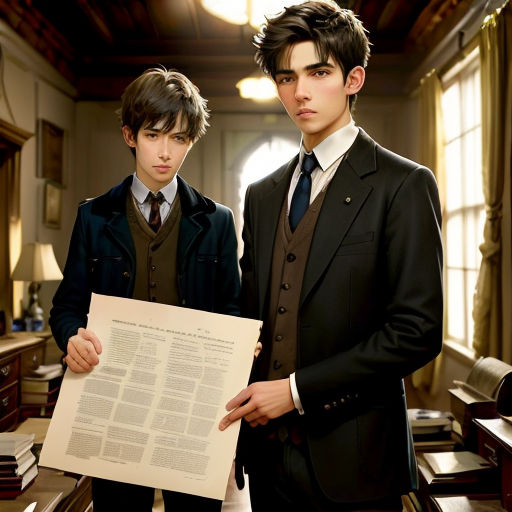 two young men in suits holding a large piece of paper in a room with desks and books on it