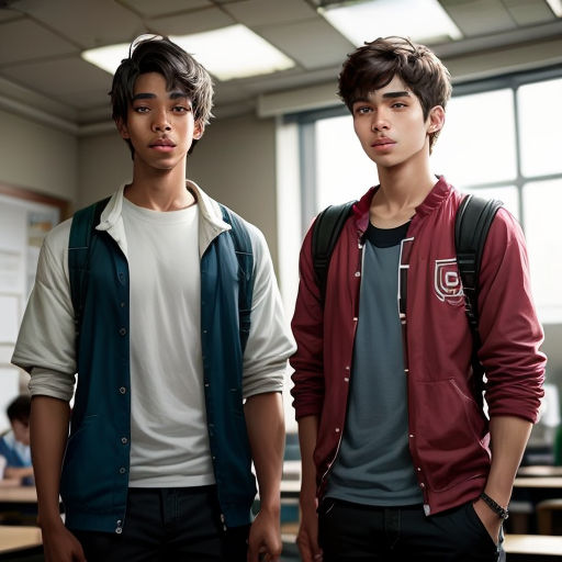 two young men standing next to each other in a classroom with desks and windows in the background, one of them is wearing a backpack