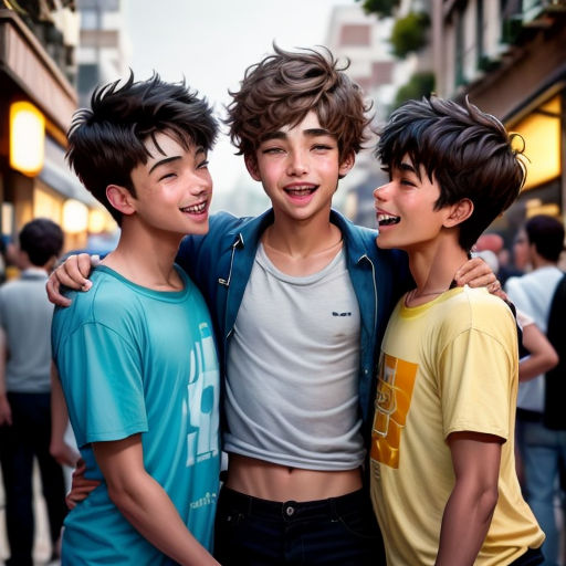 three boys are standing together in a crowded street with one boy smiling and the other boy laughing and laughing