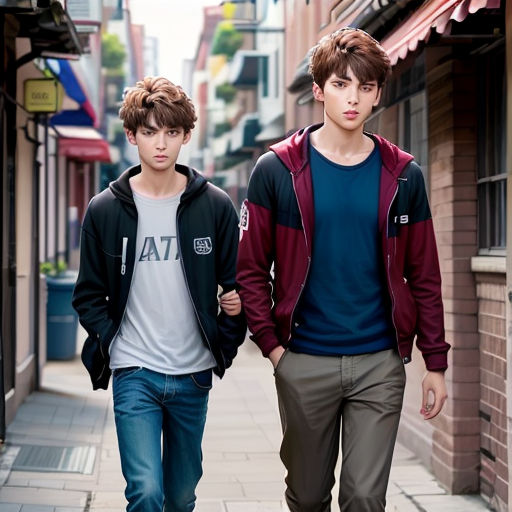 two young men walking down a sidewalk in a city street, one wearing a hoodie and the other a sweatshirt