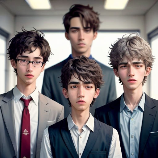 a group of young men standing next to each other in a room with a window behind them and a man in a suit and tie