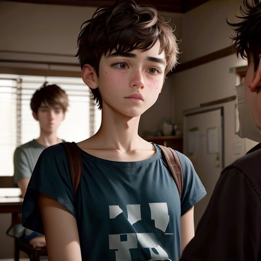 a boy and a girl standing in a room with a window behind them and a boy looking at the camera