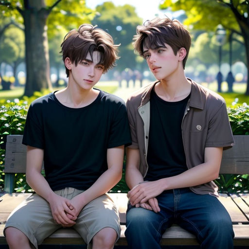 two boys sitting on a bench in a park, one of them is looking at the camera and the other is looking at the camera
