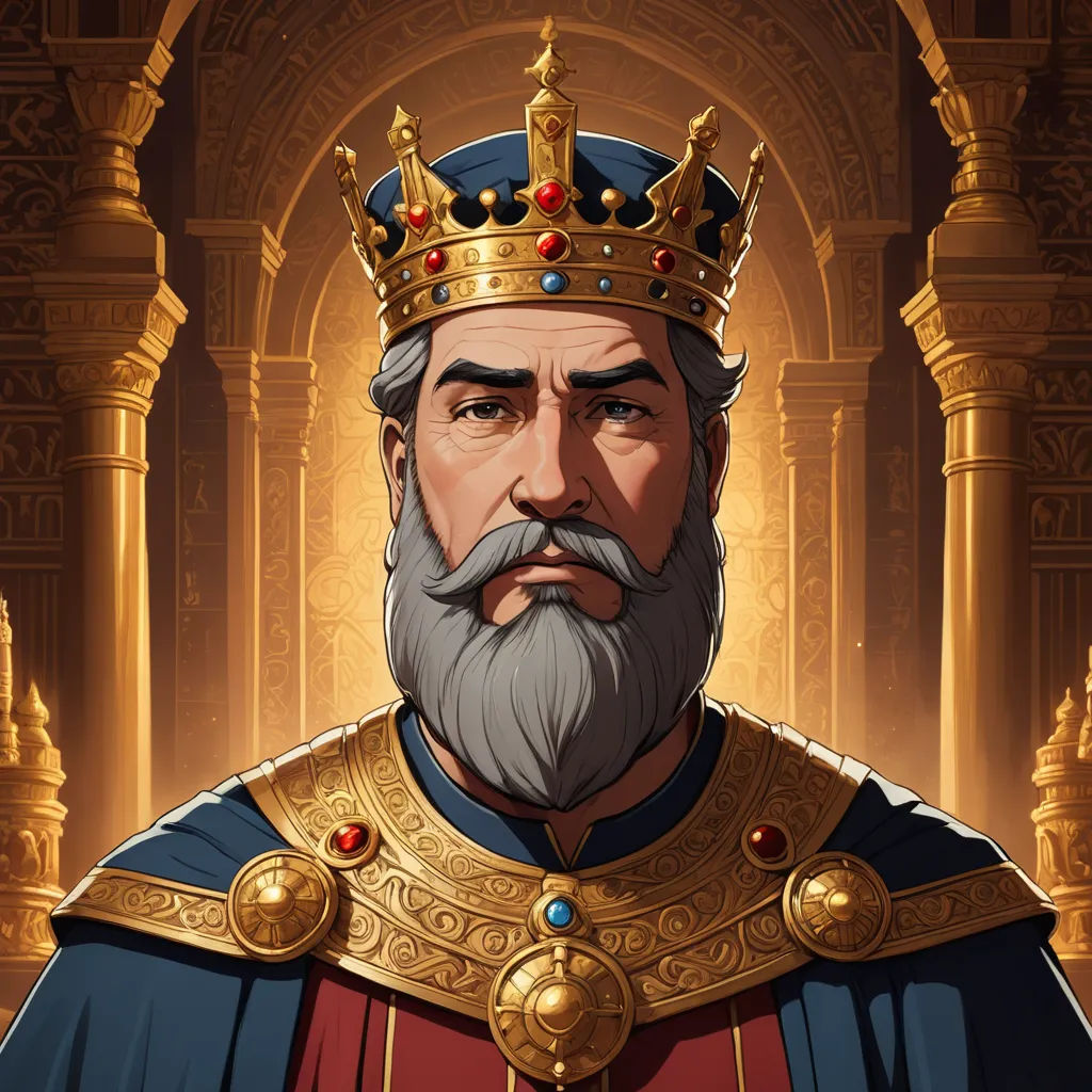 a man with a beard and a crown on his head in a golden outfit with a red robe and gold crown, sots art, a character portrait, Altoon Sultan, game art