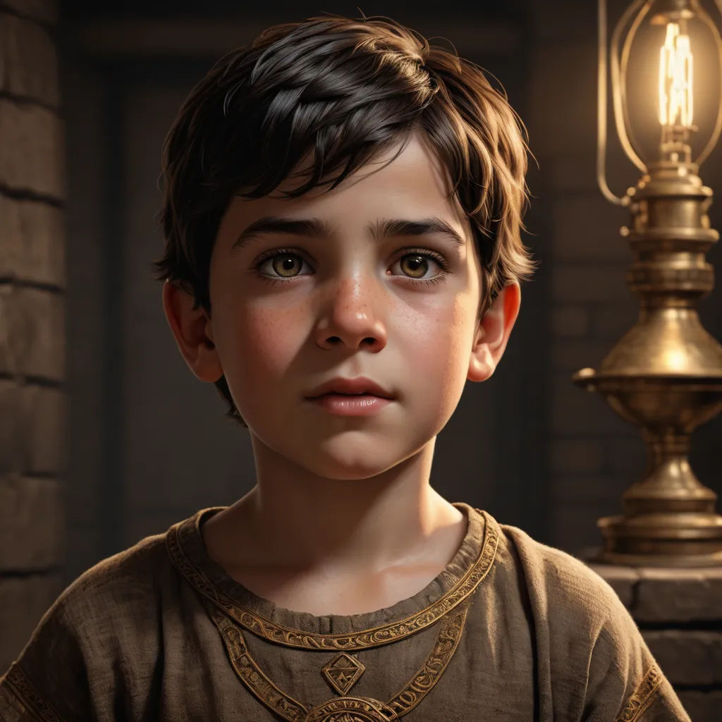 a young boy with a serious look on his face and a lamp in the background, in a digital painting, photorealism, a character portrait, Cedric Peyravernay, ultra realistic digital art
