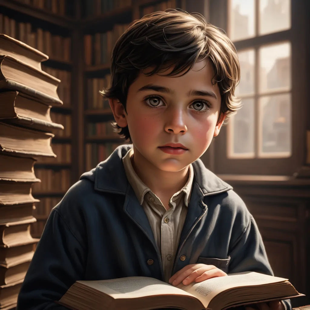 a boy is reading a book in a library with a window behind him and a stack of books behind him, photorealism, a photorealistic painting, Alejandro Burdisio, highly detailed digital painting