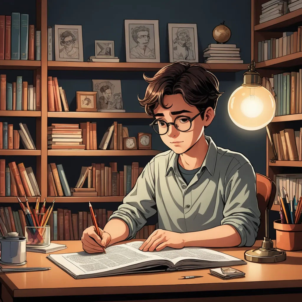 a man sitting at a desk with a book and pencils in front of him and a lamp above him, academic art, a comic book panel, Diego Gisbert Llorens, rossdraws global illumination