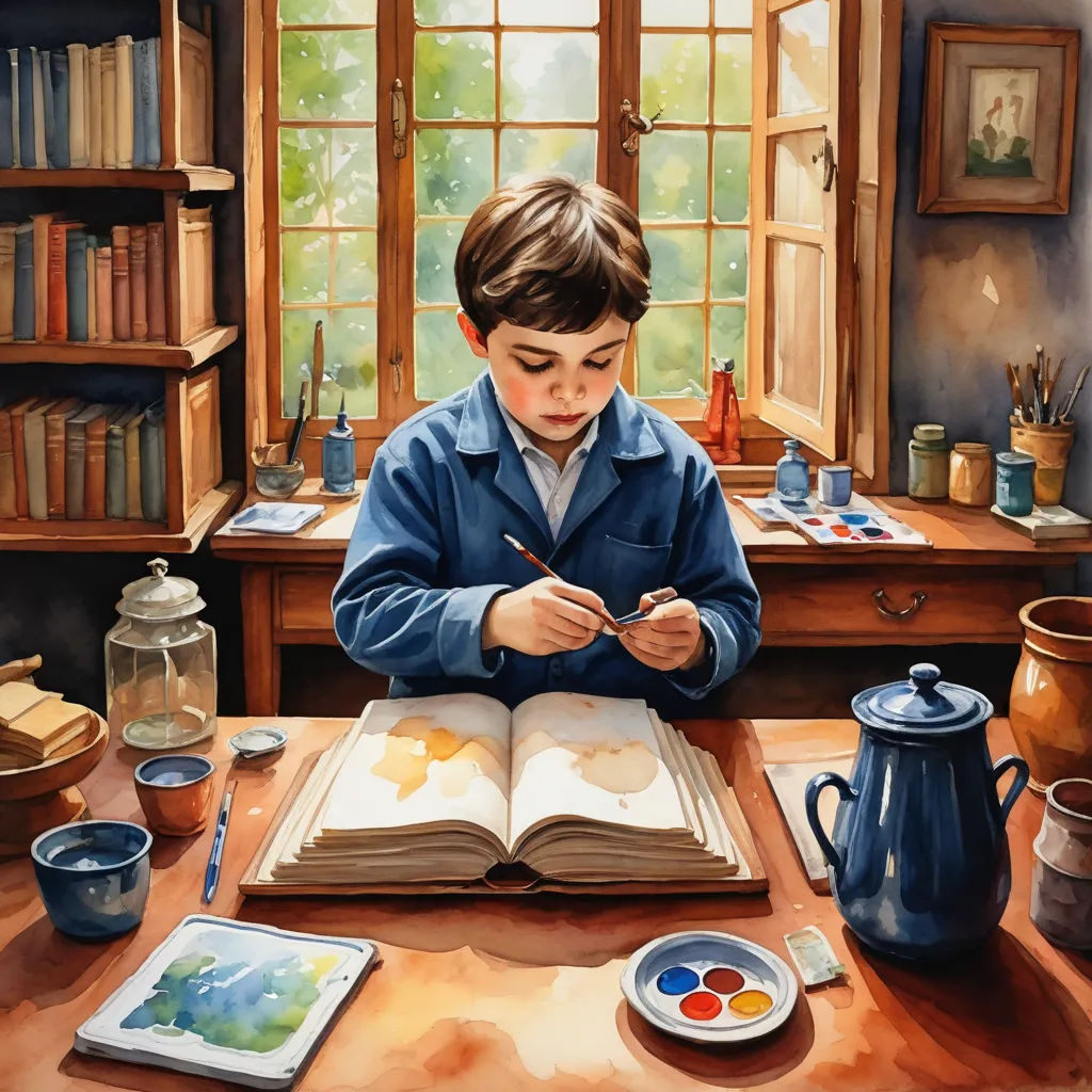 a painting of a boy writing in a book with a teapot and a teapot on the table, figurative art, a storybook illustration, Aaron Jasinski, detailed painting