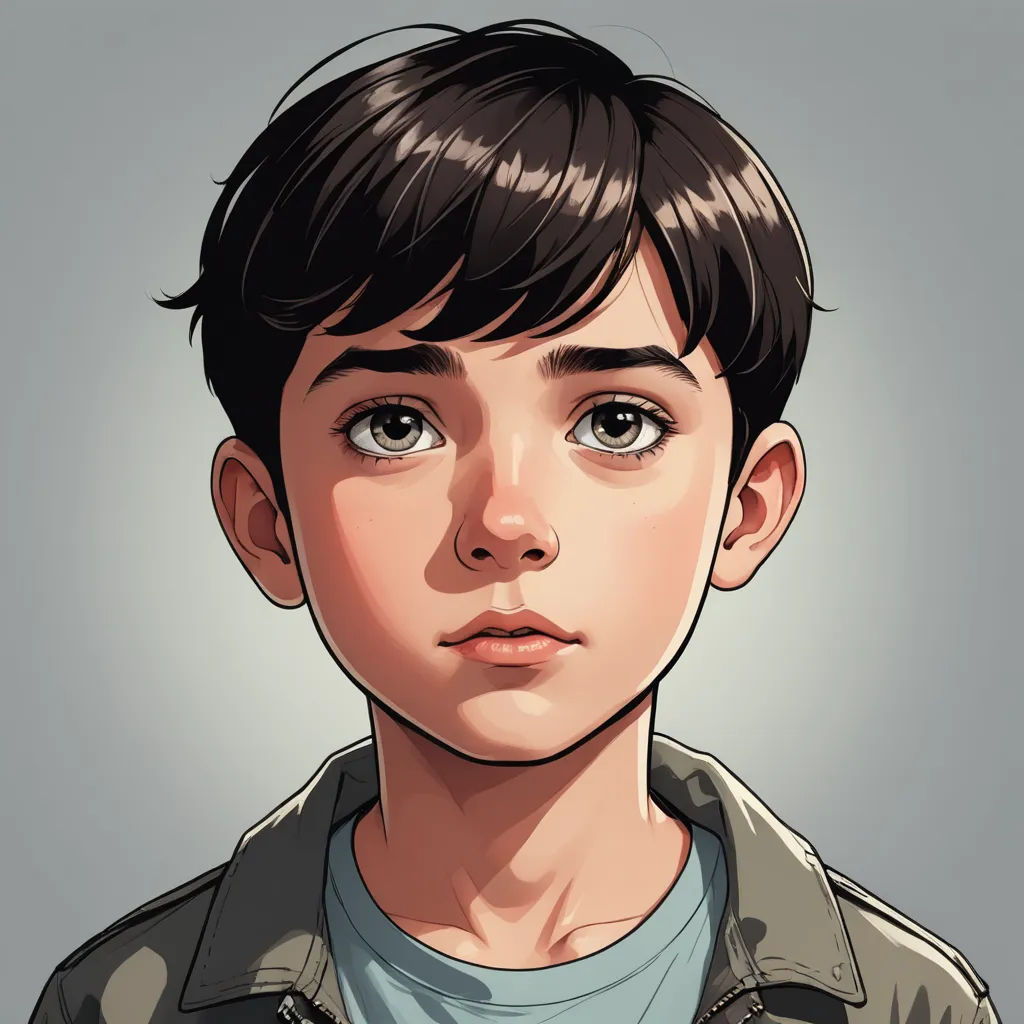 a boy with a serious look on his face, in a cartoon style, with a gray background and a gray background, photorealism, a character portrait, Artgerm, stanley artgerm lau