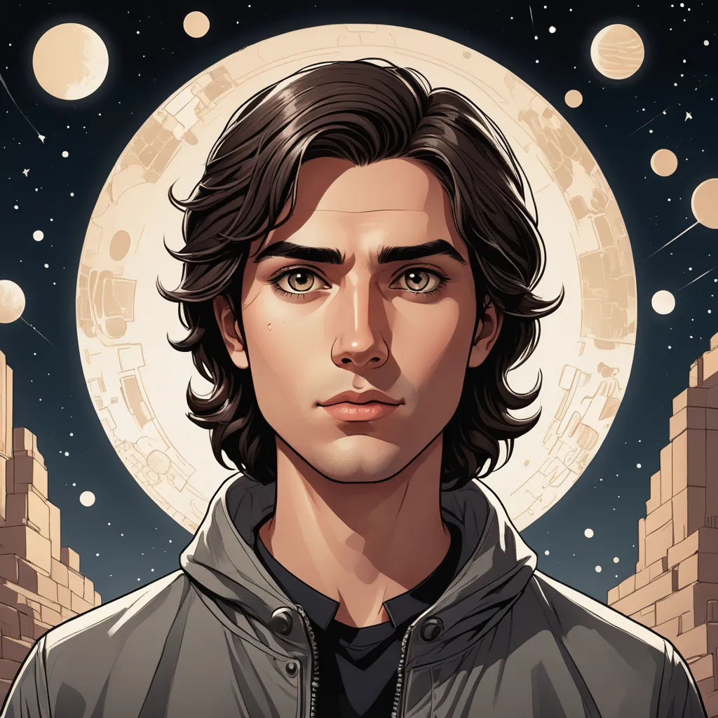 a man with long hair and a black jacket in front of a full moon and stars background with a cityscape, space art, a character portrait, Android Jones, graphic novel