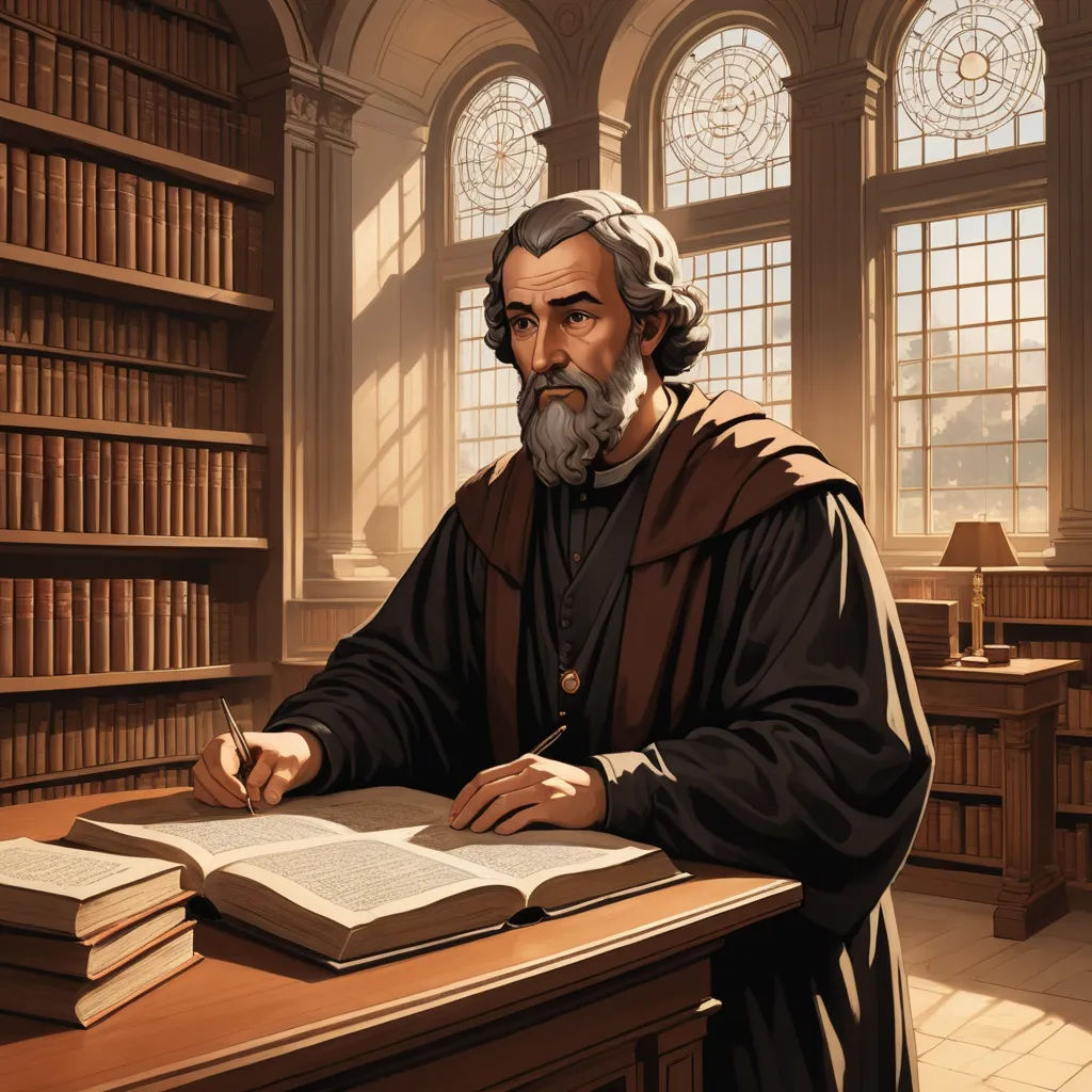 a man sitting at a desk with a book in front of him and a book in front of him, romanesque, computer graphics, Edmund Leighton, medieval