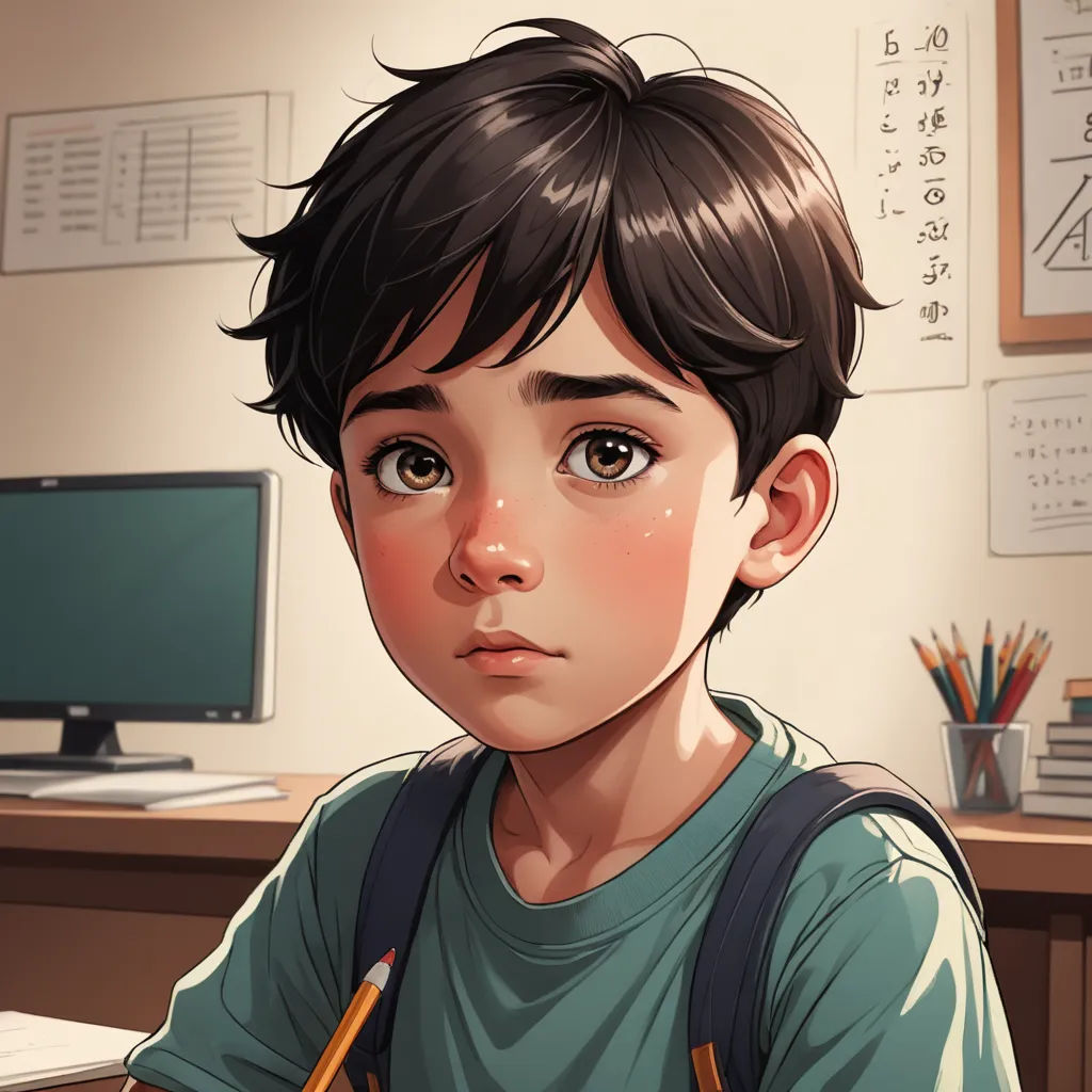 a boy with a backpack is sitting in front of a computer desk with a pencil in his hand and a computer monitor behind him, paris school, a character portrait, Du Jin, rossdraws global illumination