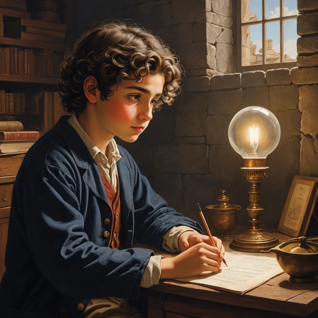 a painting of a boy writing in a library with a lamp on the desk and books on the desk, classical realism, a detailed painting, Bob Byerley, highly detailed digital painting