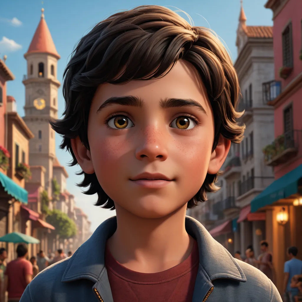 a boy in a red shirt and a blue jacket in a city street with a clock tower in the background, photorealism, a character portrait, Alejandro Burdisio, unreal engine highly rendered